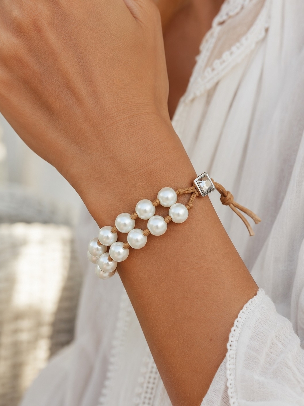 Chico's Double Pearl Strand Bracelet with Tan Cord